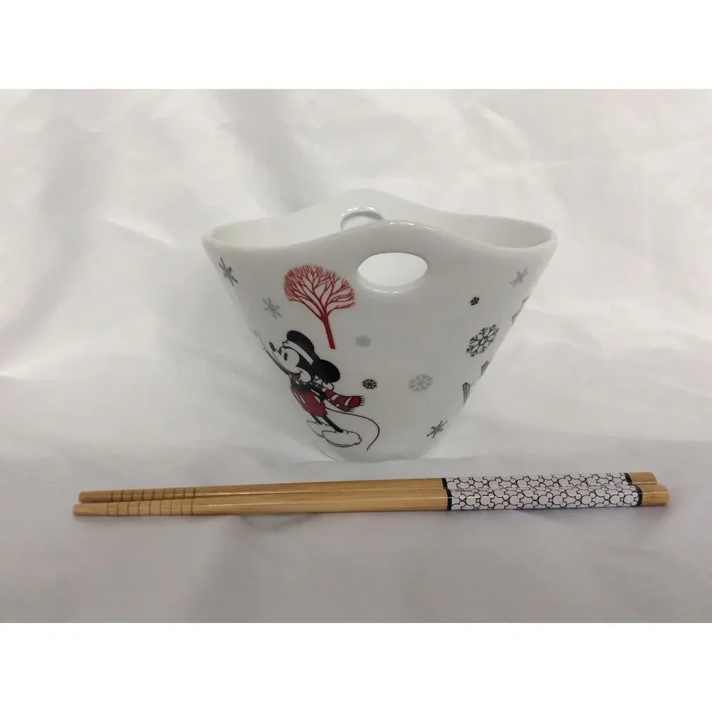 Disney Mickey & Minnie Mouse Christmas Holiday Ramen Bowl Chopsticks Sled Winter